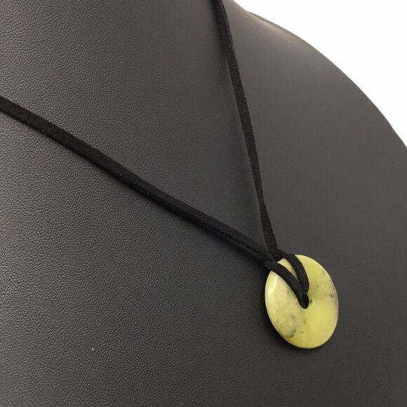 Olive Jade Disc Necklace on Black Suede Cord with silver tone hardware - Picture 4 of 16